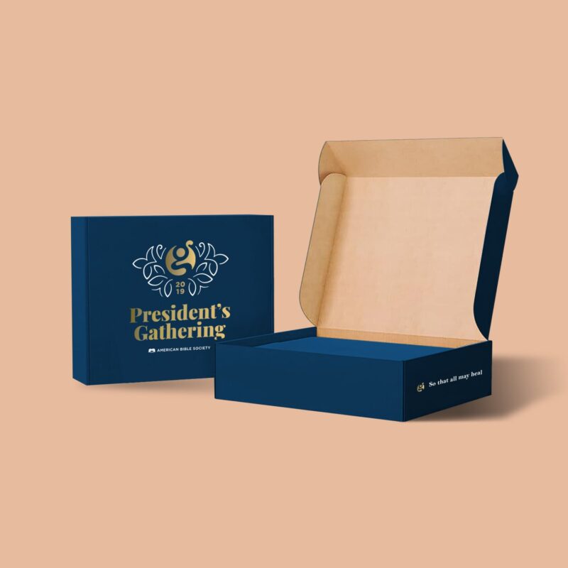 Tuck top mailer box with 'Presidential’s Gathering' logo, open and closed.