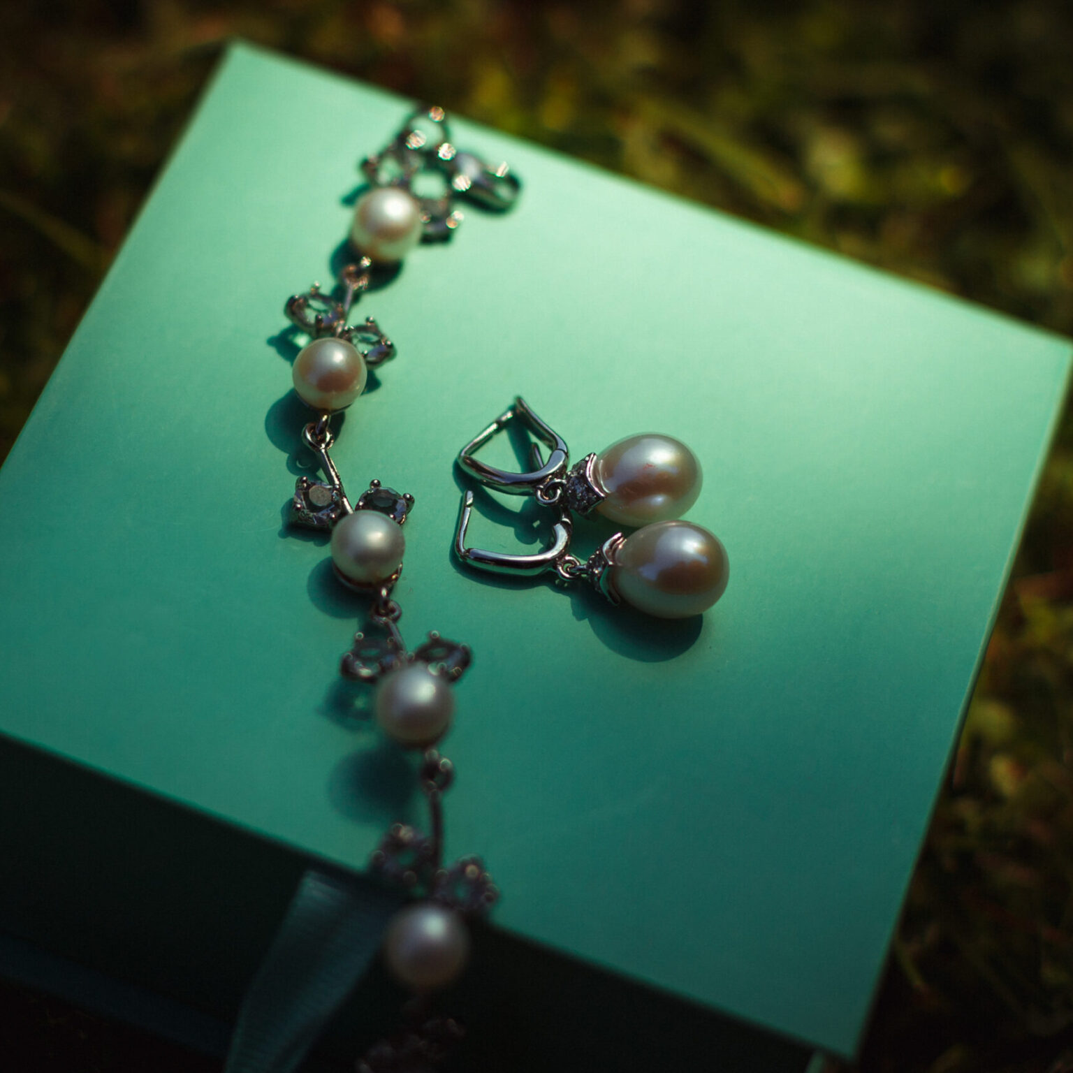 Earring Jewellery Lies on a mint packaging box