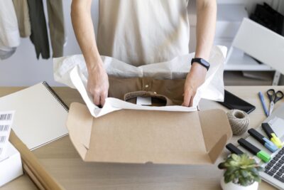 A boy Packing a Shirt in an environmentally friendly packaging box