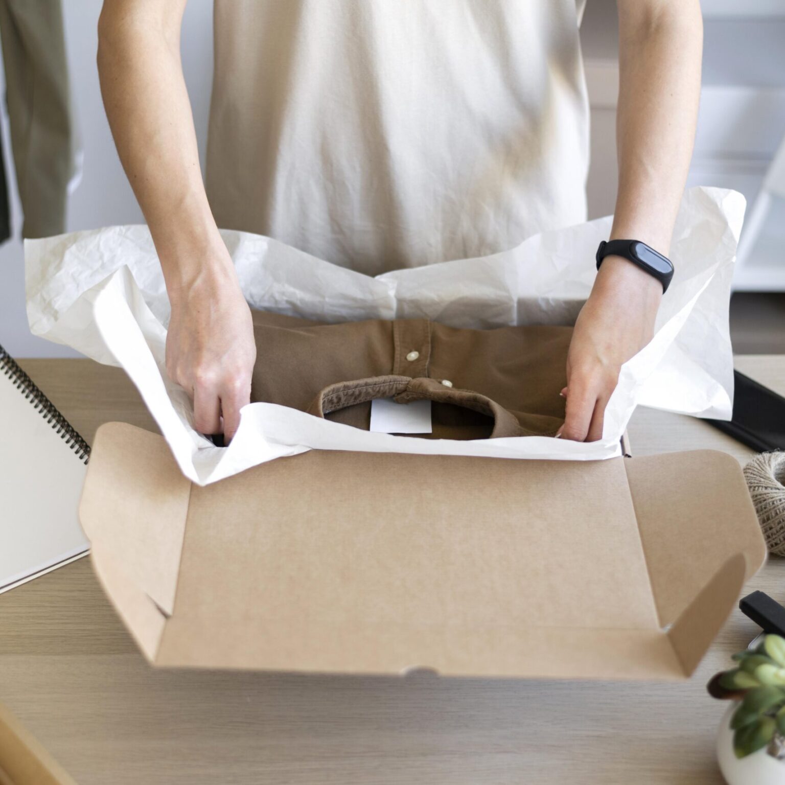 A boy Packing a Shirt in an environmentally friendly packaging box